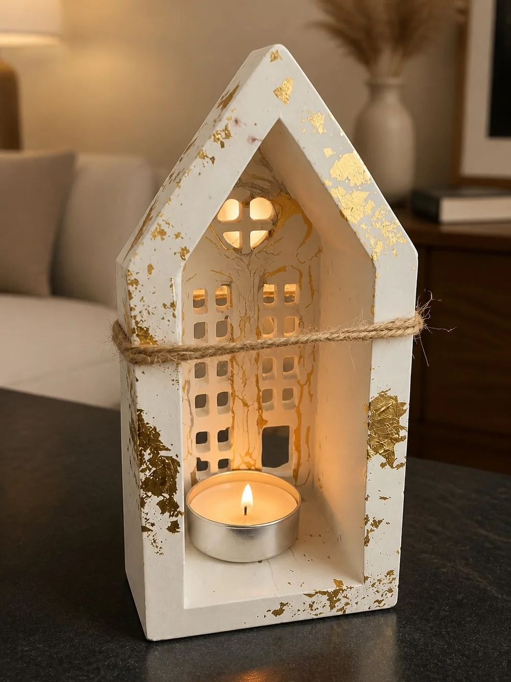 White and Gold Barn Tealight House Candle Holder